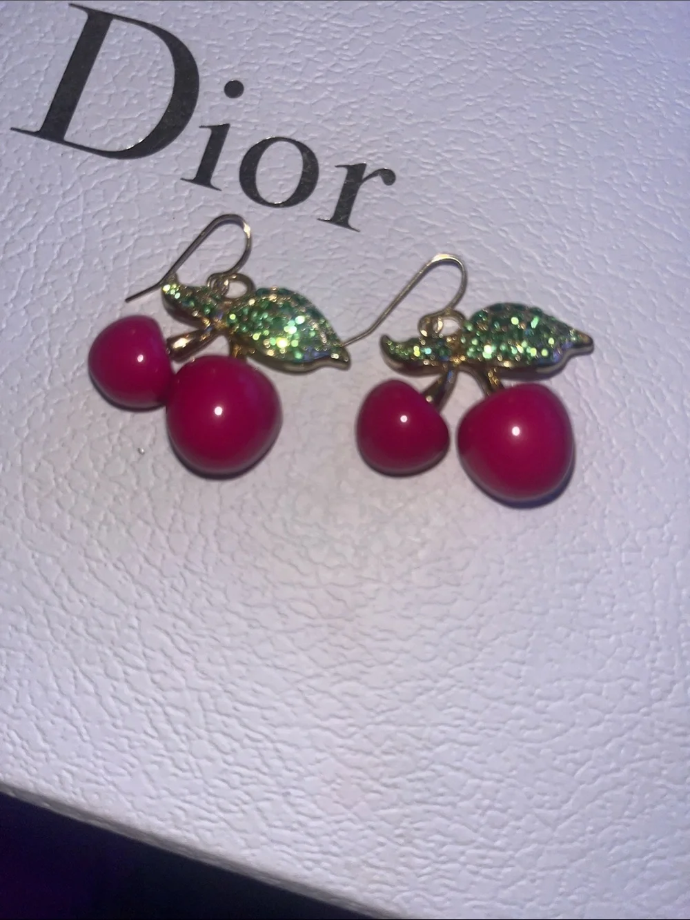 New! Pink Cherry Drop Earrings with Green Crystal Leaves. Perfect for Summer!!